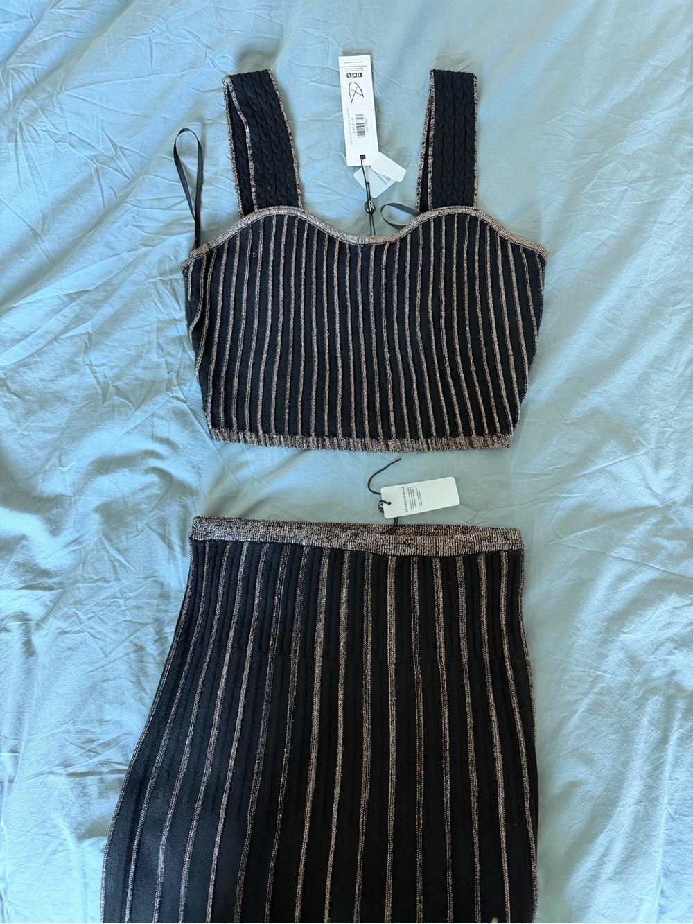 MINKPINK Black Ribbed Top and Skirt Set with Metallic Silver Stripes